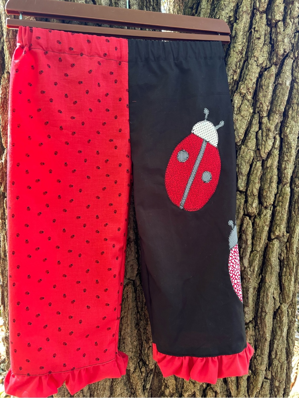 Custom Ladybug mismatched fabric appliqued Red and Black Ruffle Hem Bottoms 4T